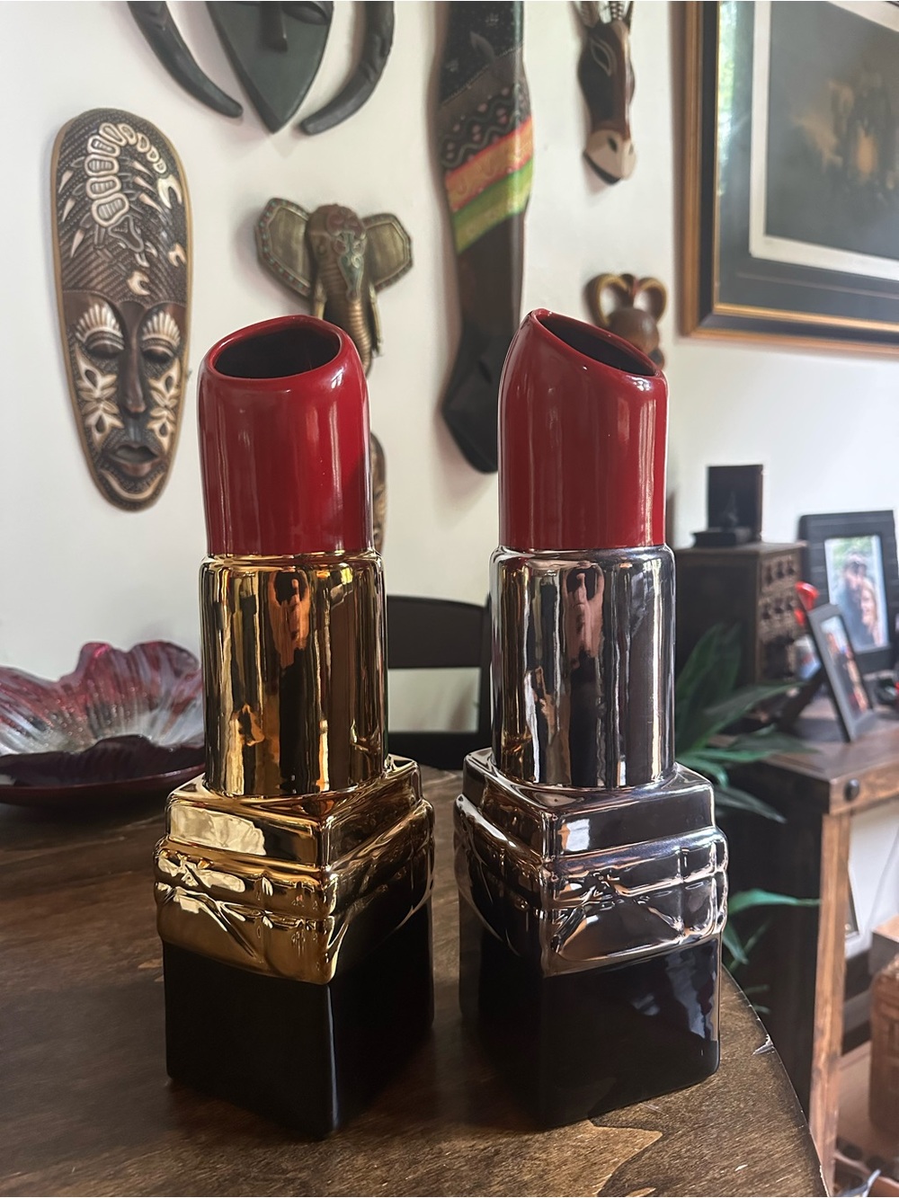 Red & Silver Large Lipstick-Shaped Decorative ceramic Vase